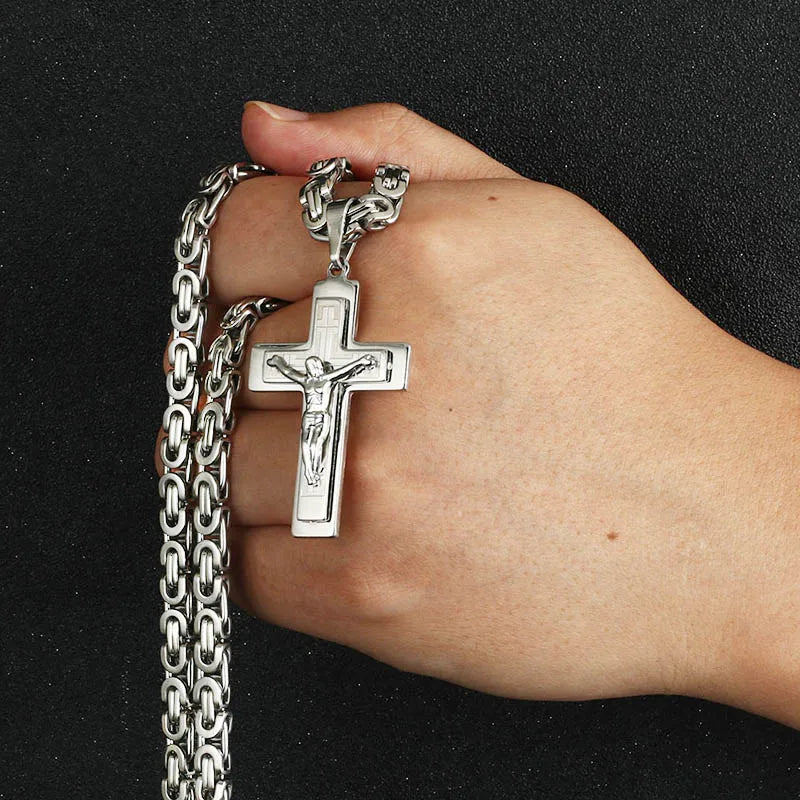 Jesus Cross Long Byzantine Chain Stainless Steel Necklaces Pendants for Men Christian Crucifix Necklace Religious Jewelry colar