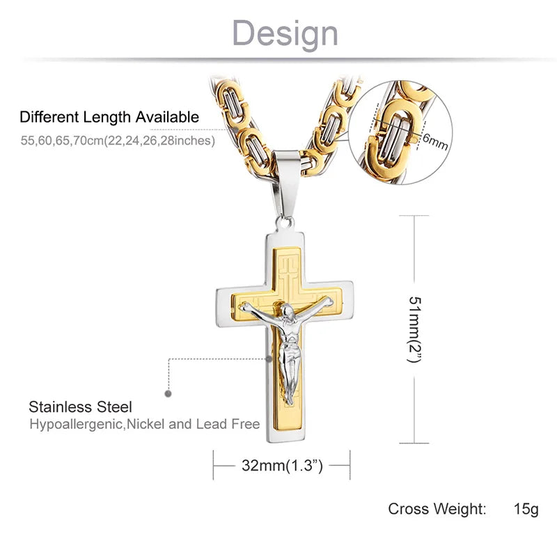 Jesus Cross Long Byzantine Chain Stainless Steel Necklaces Pendants for Men Christian Crucifix Necklace Religious Jewelry colar