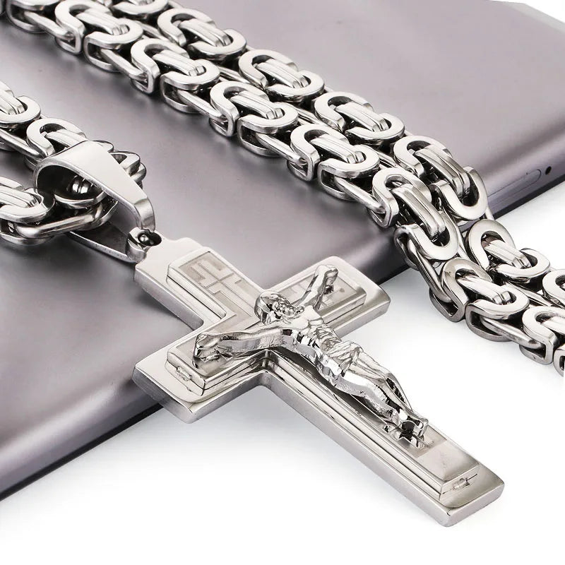 Jesus Cross Long Byzantine Chain Stainless Steel Necklaces Pendants for Men Christian Crucifix Necklace Religious Jewelry colar