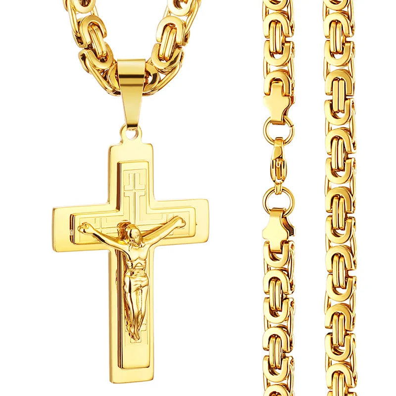 Jesus Cross Long Byzantine Chain Stainless Steel Necklaces Pendants for Men Christian Crucifix Necklace Religious Jewelry colar