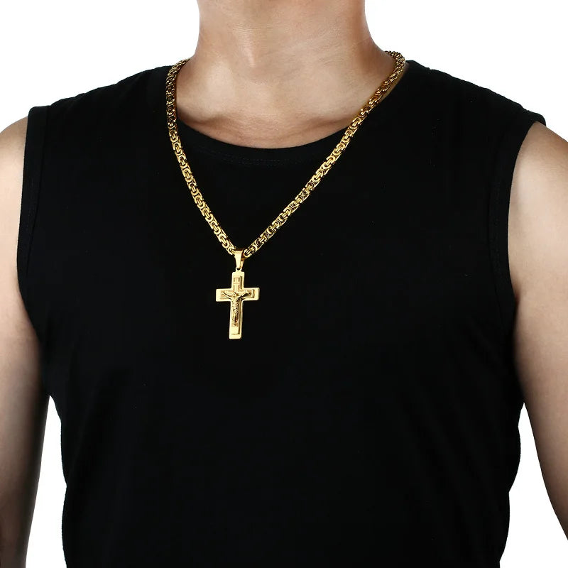 Jesus Cross Long Byzantine Chain Stainless Steel Necklaces Pendants for Men Christian Crucifix Necklace Religious Jewelry colar