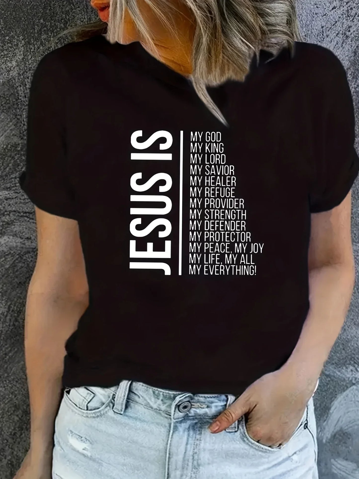 Jesus Is Print Faith Graphic T-Shirt, Short Sleeve Crew Neck Casual Top for Spring & Summer, Women's Clothing