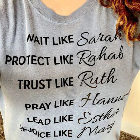 Wait Like Sarah Letter Print Christian T Shirt Women Bible Verse Graphic T-shirts Short Sleeve Religious Faith Tee Tops Gifts