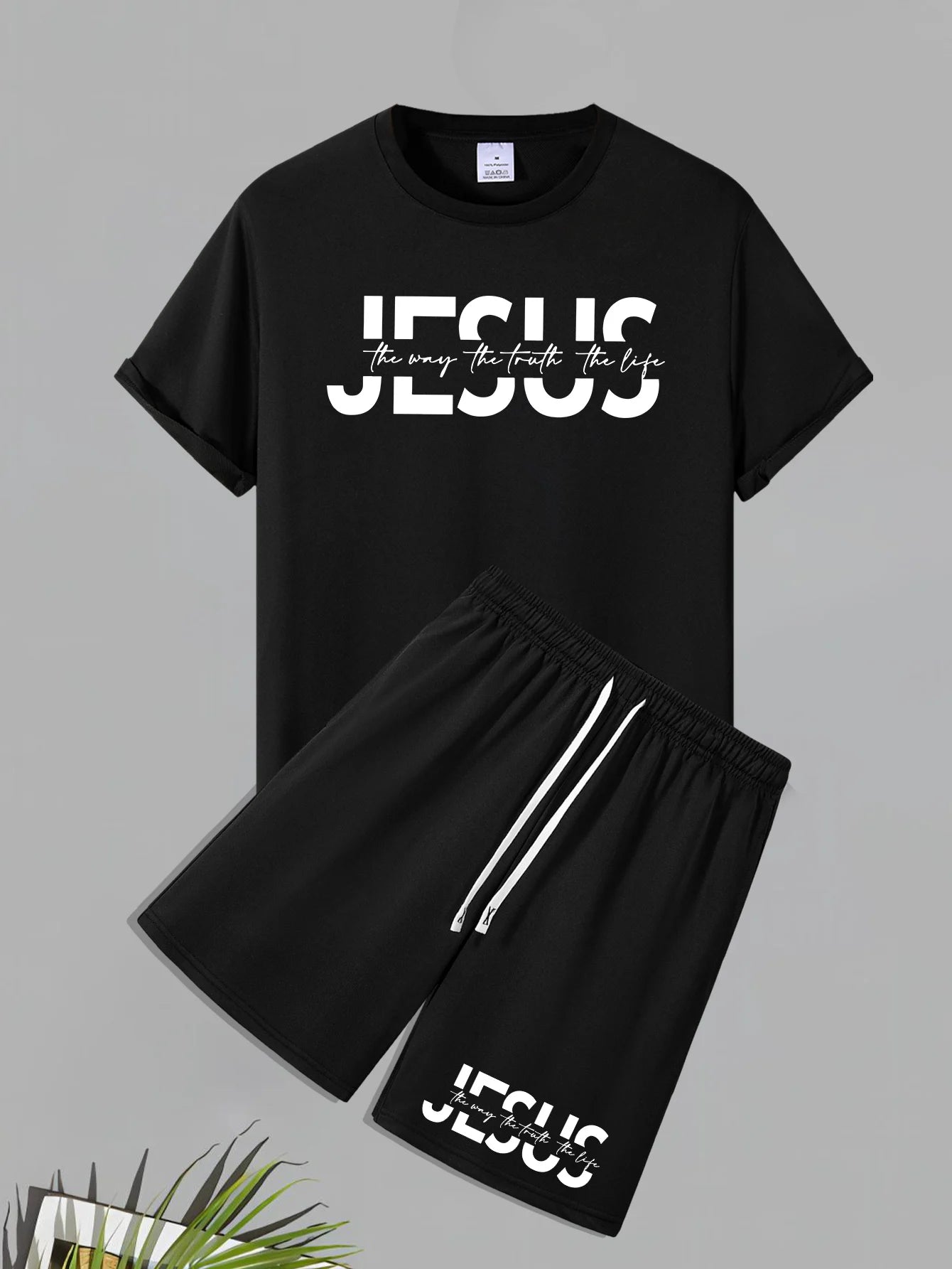 JESUS, Print Men's 2pcs Casual Comfy Set, Short Sleeve T-shirt & Shorts Outfits,  Comfortable Clothes For Summer