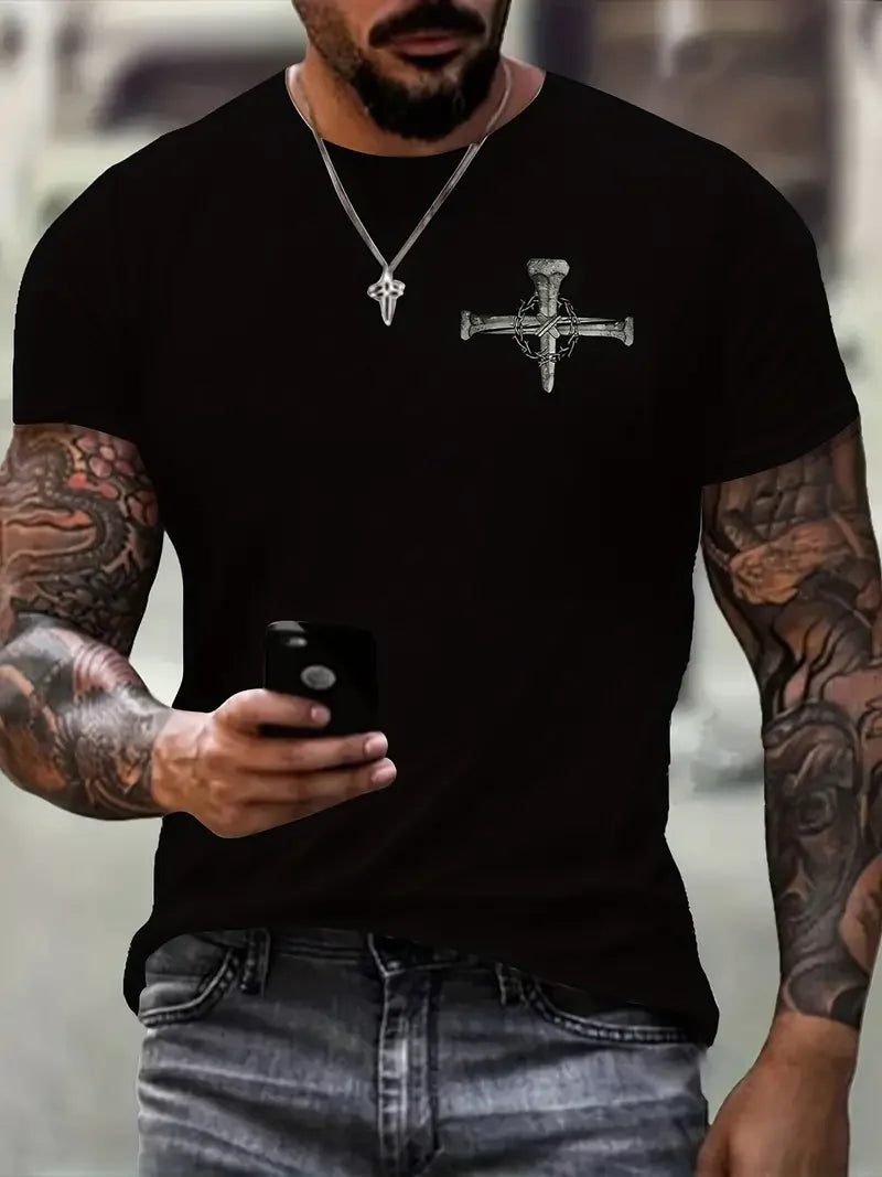 Cross & Christian Slogan Pattern Print Men's Comfy T-shirt, Graphic Tee Men's Summer Clothes, Men's Clothing