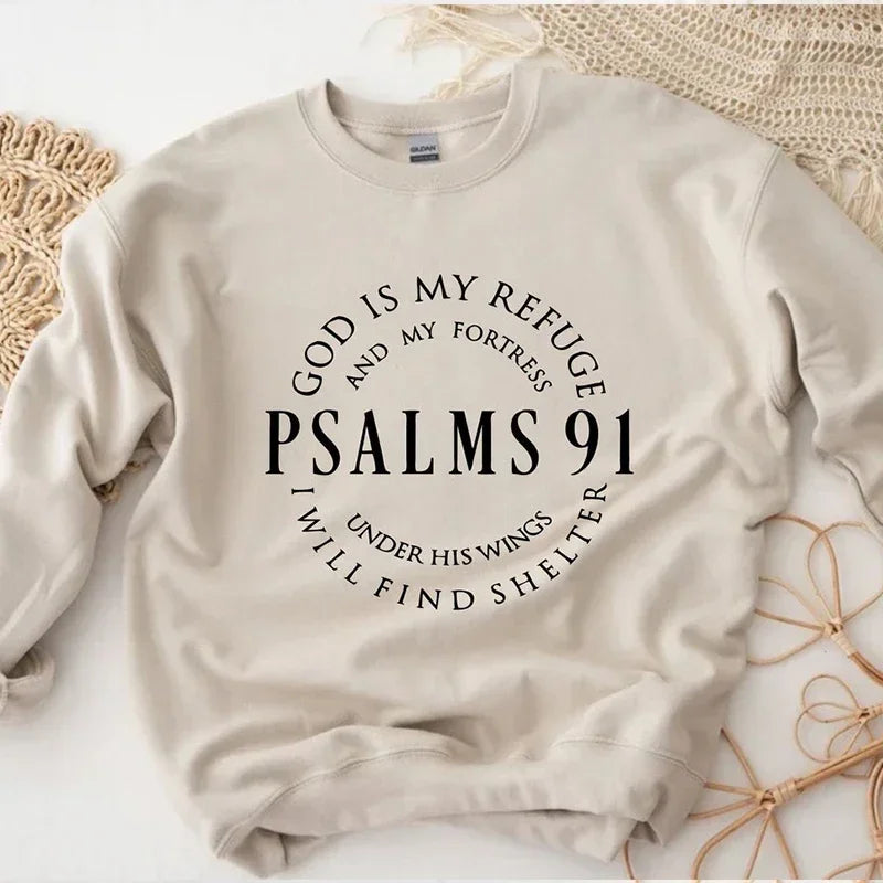 Psalms 91 God Is My Refuge Sweatshirt for Women Harajuku O Neck Spring Hoodie Female Religious Top Christian Jumper Dropshipping