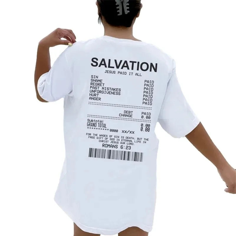 Women Salvation Back Print Bible Verse T-Shirts Oversized Funny Streetwear Christian T Shirts Jesus Faith Tees Gifts Cotton Tops